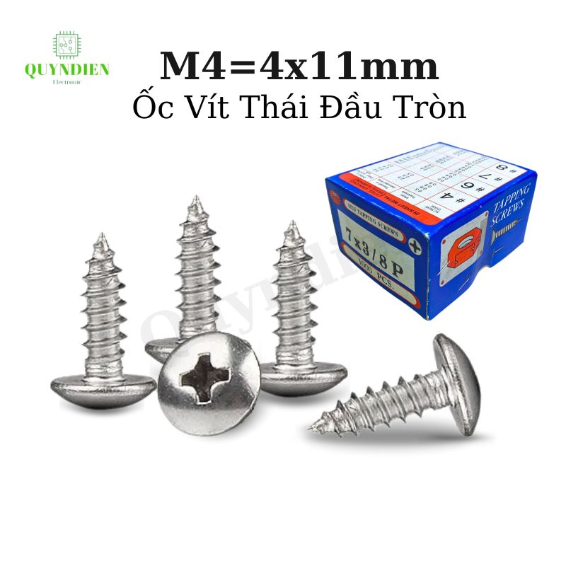Ốc vít Thái M4x11mm ren xoắn đầu Tròn dài 11mm - 1.000 Con