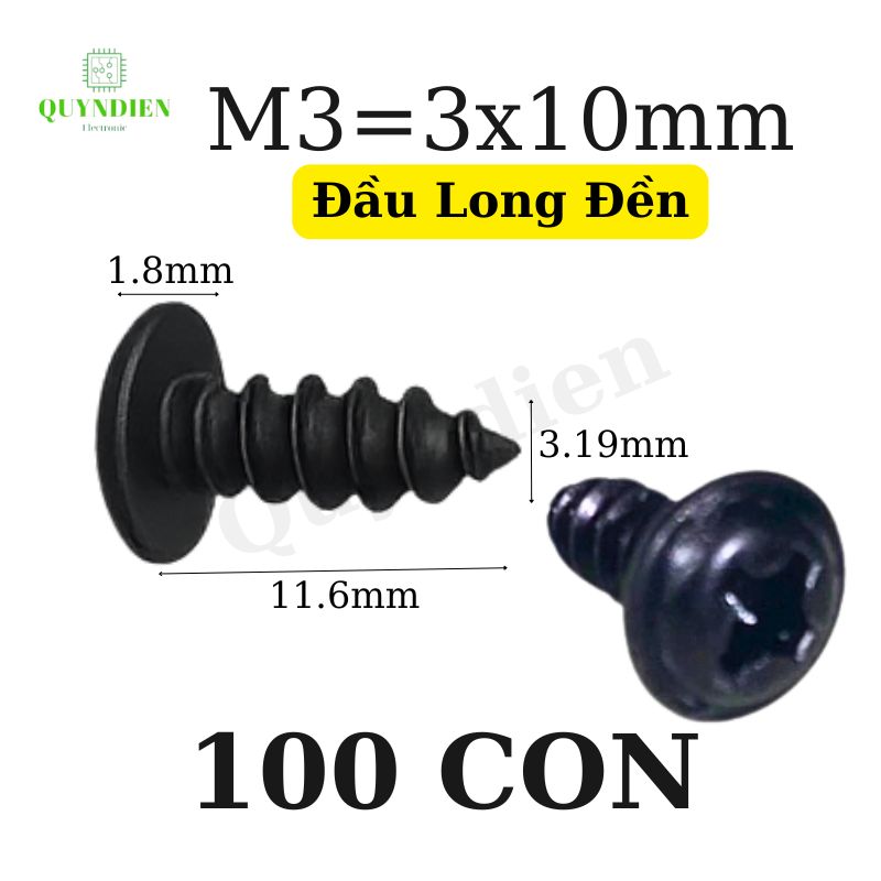 Ốc vít nhọn M3x10mm đầu long đền dài 10mm - Túi 100 Con
