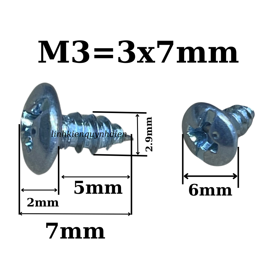 Ốc vít M3 dài 7mm ren xoắn nhọn đầu dù Túi 100 con=40g