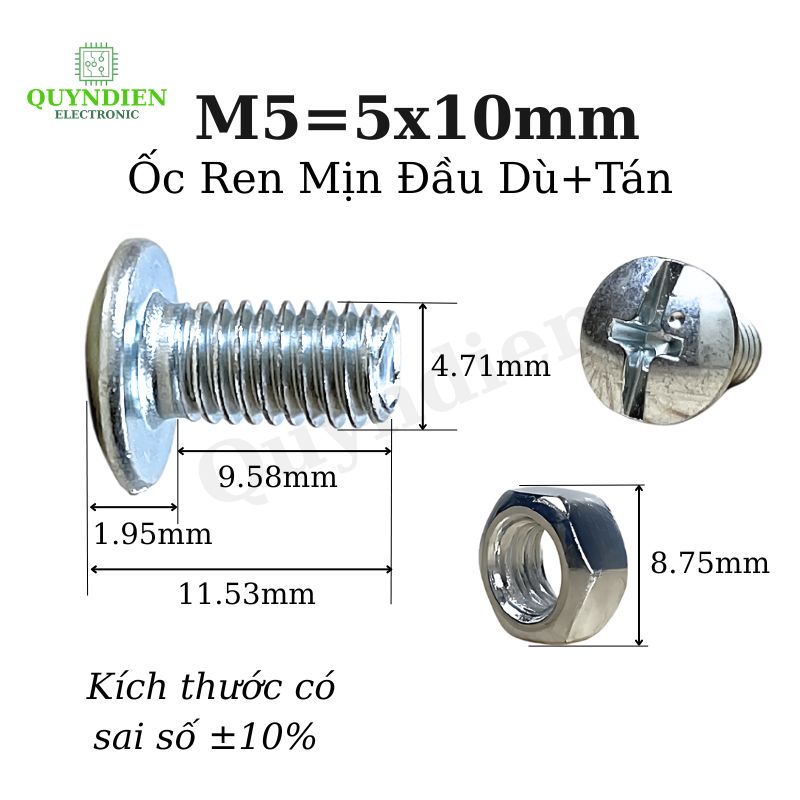 Ốc Vít Ren Mịn Đầu Dù M5x10mm Có Kèm Tán Màu Trắng
