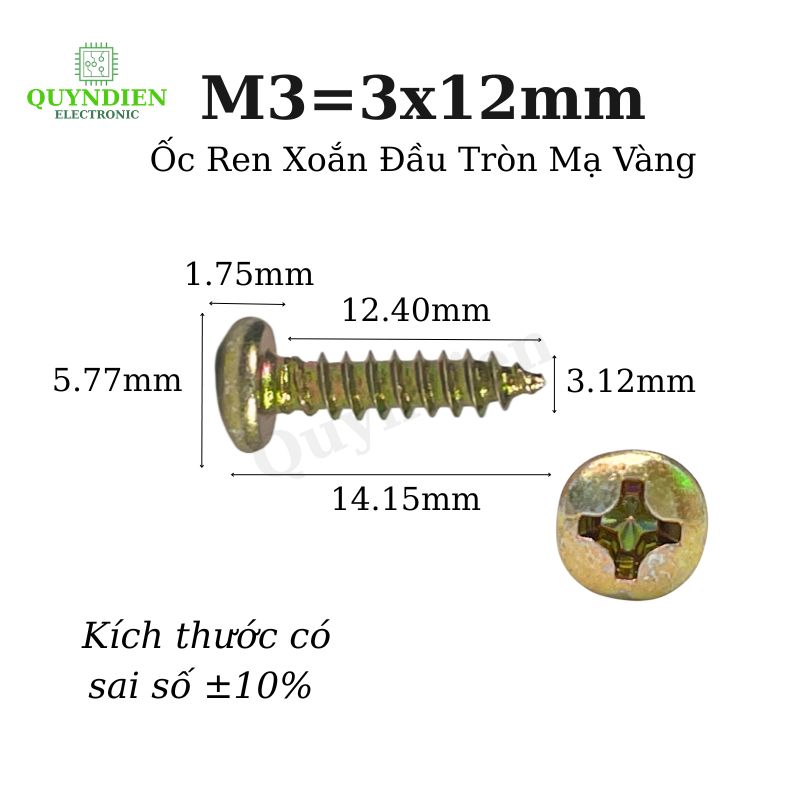 Ốc Vít Nhọn M3x12mm Đầu Tròn Ren Xoắn Mạ Vàng