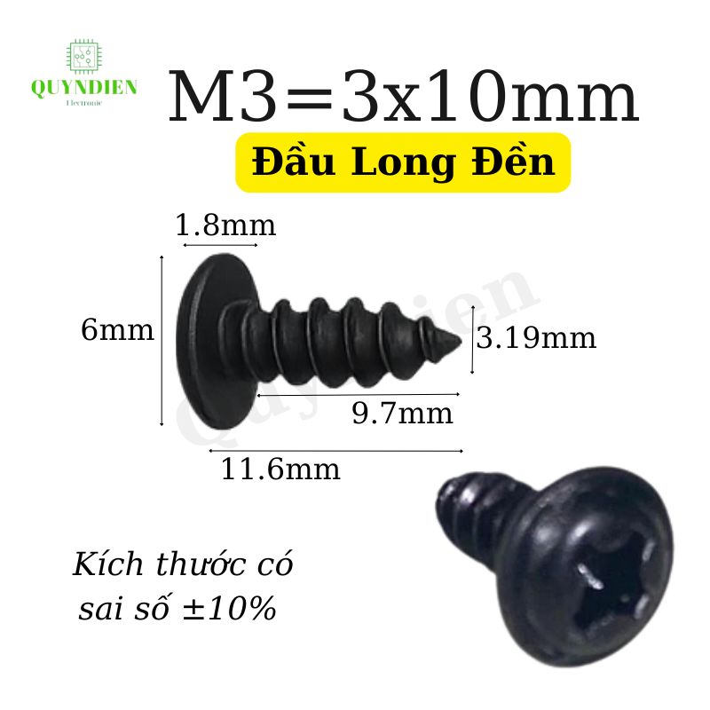 Ốc vít nhọn M3x10mm đầu long đền dài 10mm - Túi 1.000 Con