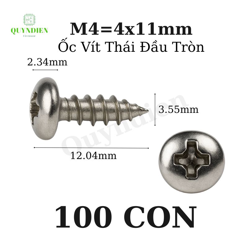 Ốc vít Thái M4x11mm ren xoắn đầu Tròn dài 11mm - 100 Con