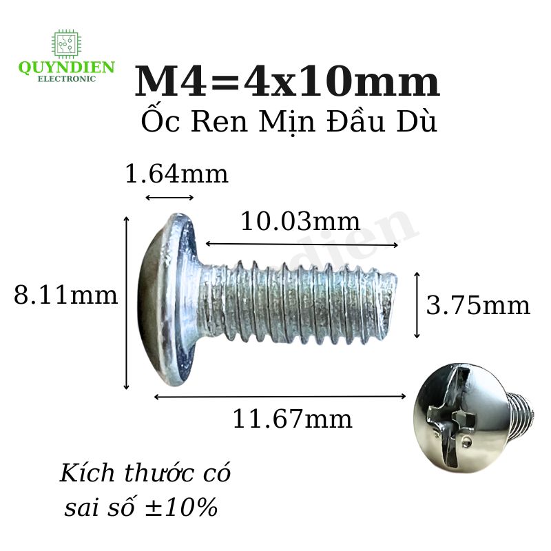 Ốc Vít Đầu Dù Ren Mịn M4=4x10mm Màu Trắng