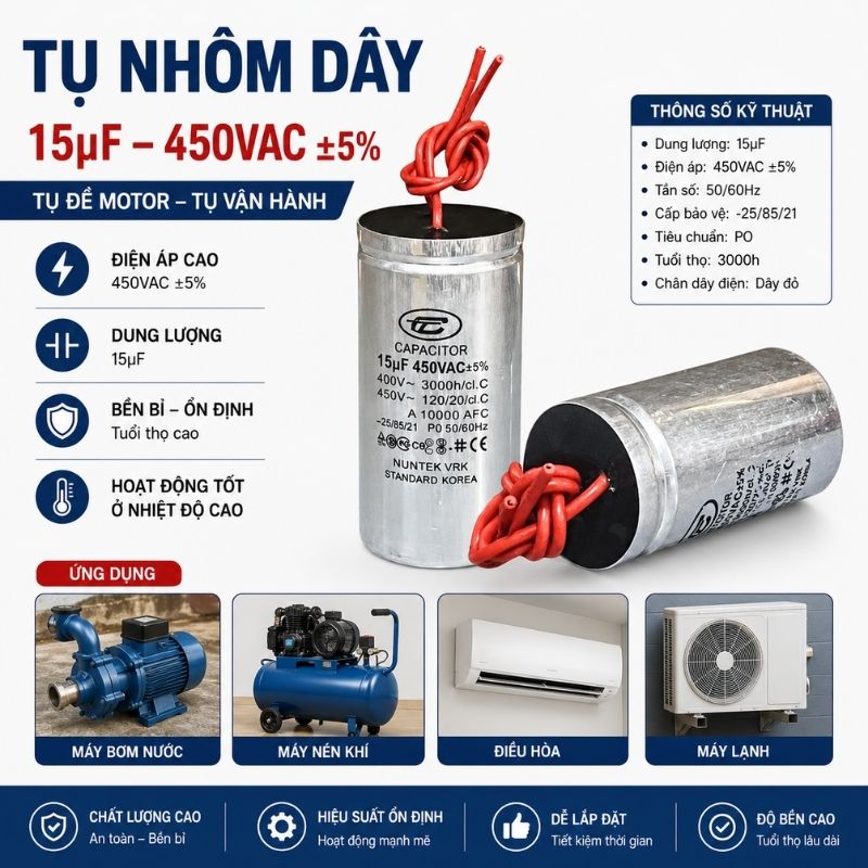 Tụ Nhôm Dây 15uF - 450V