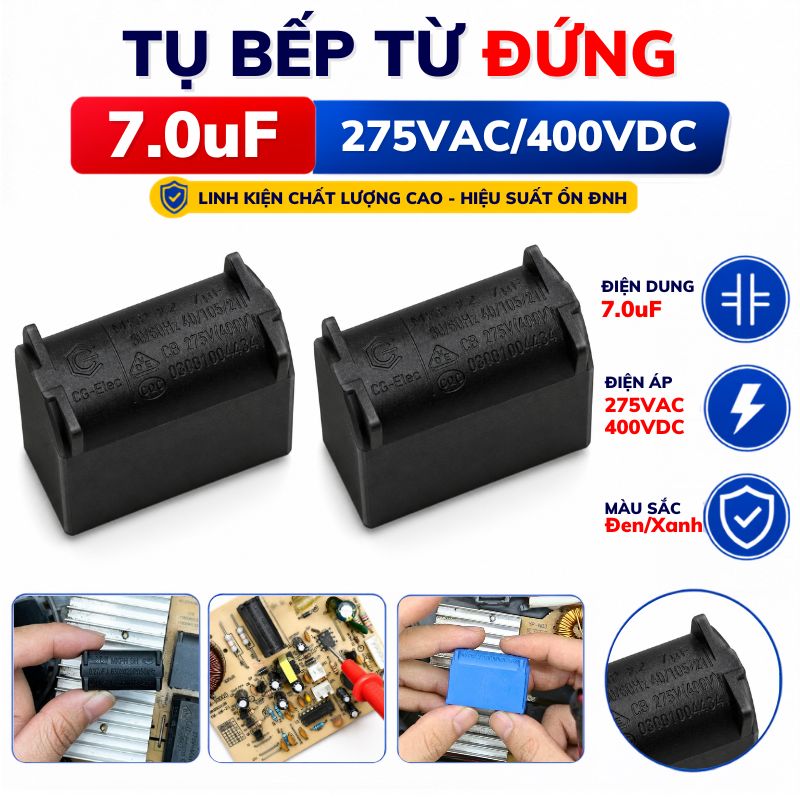 Tụ Bếp Từ 7uF 275VAC/400VDC Màu Xanh Loại Đứng