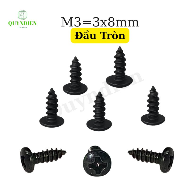 Ốc vít nhọn M3x8mm đầu Tròn dài 8mm - Túi 100 Con