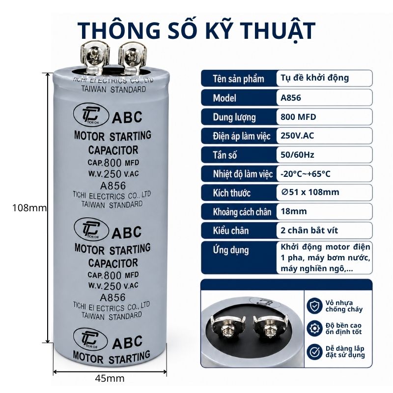 Tụ Đề Khởi Động Tinh Chi 800uF 250VAC