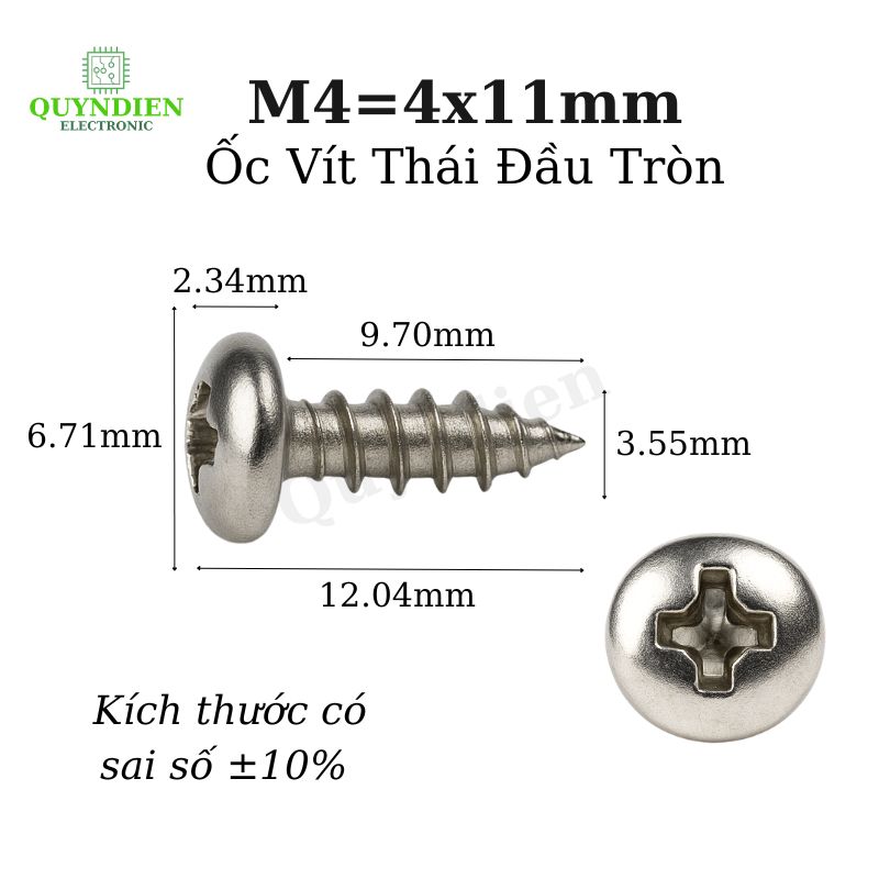 Ốc Vít Thái Ren Xoắn Đầu Tròn M4x11mm