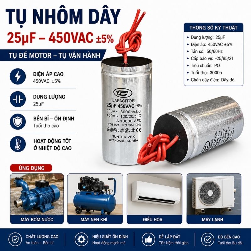 Tụ Nhôm Dây 25uF - 450V