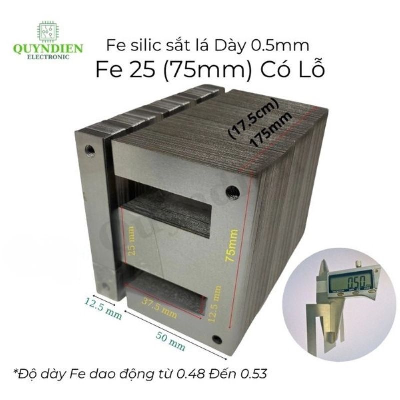 Fe Sắt Silic EI 0.5mm - 25mm (75mm) Lá Dày Có Lỗ