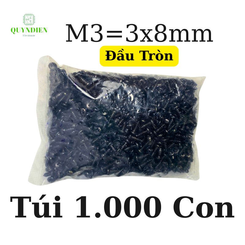 Ốc vít nhọn M3x8mm đầu Tròn dài 8mm - Túi 1.000 Con
