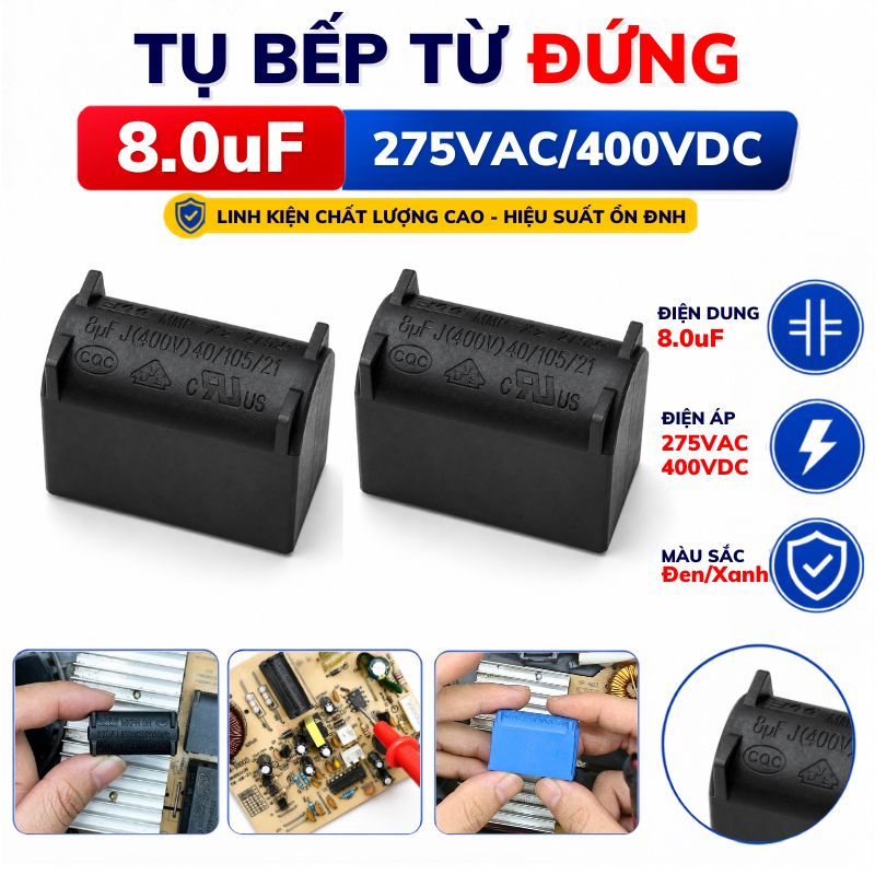 Tụ Bếp Từ 8uF 275VAC/400VDC Màu Đen Loại Đứng