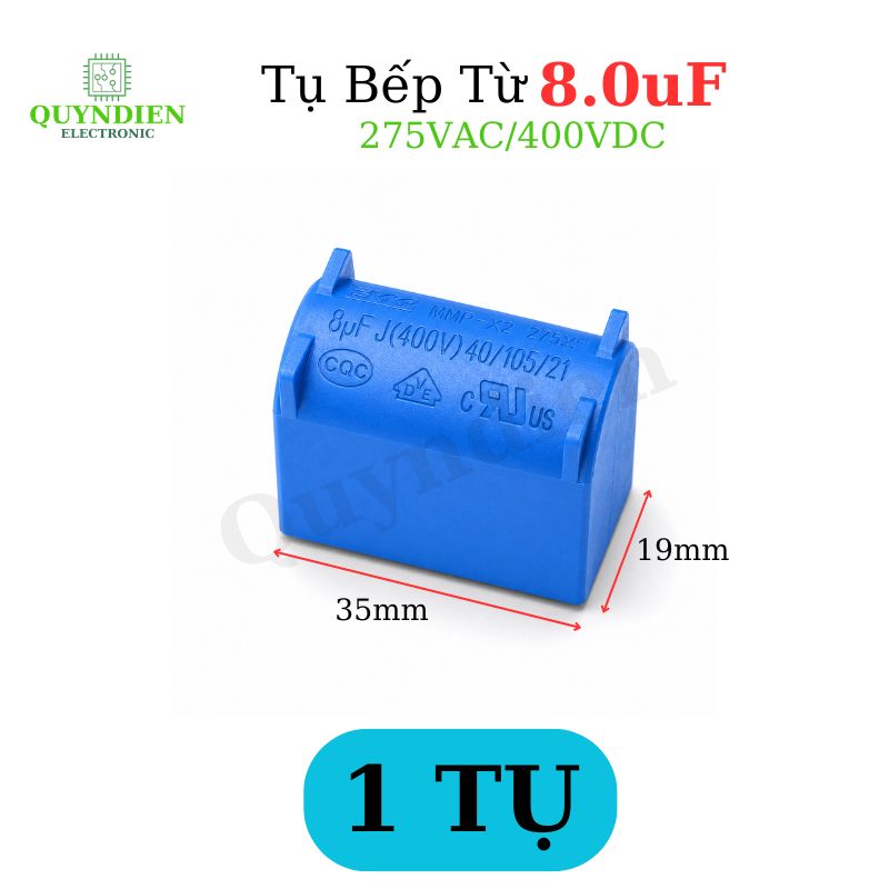 Tụ Bếp Từ 8uF 275VAC/400VDC Màu Xanh Loại Đứng