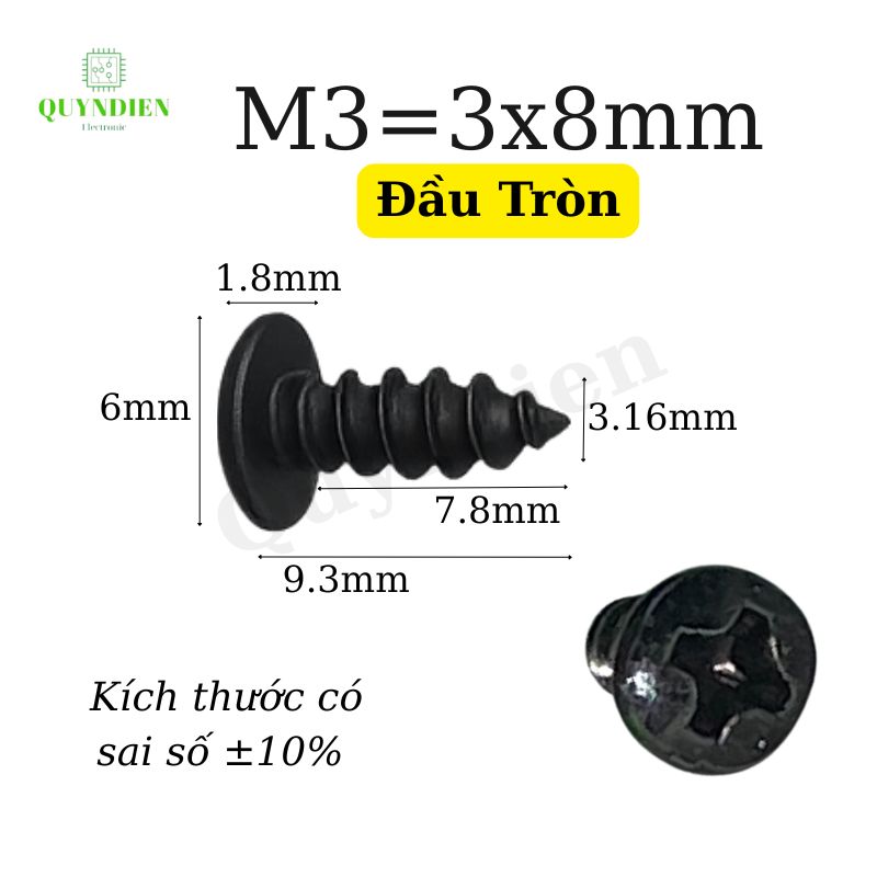 Ốc vít nhọn M3x8mm đầu Tròn dài 8mm - Túi 100 Con