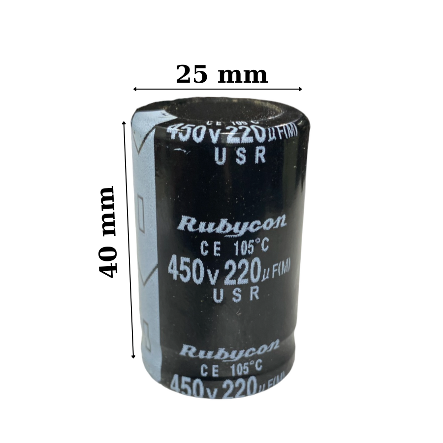 Tụ lọc nguồn 220uF 450V tháo máy chân cứng (25x40mm)