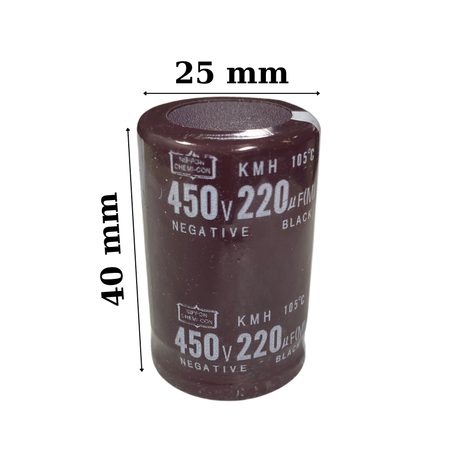 Tụ lọc nguồn 220uF 450V tháo máy chân cứng (25x40mm)