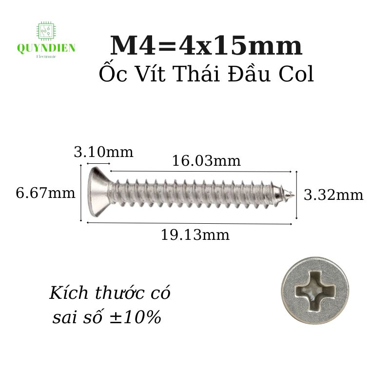 Ốc vít Thái M4x15mm ren xoắn đầu Col dài 15mm - 100 Con