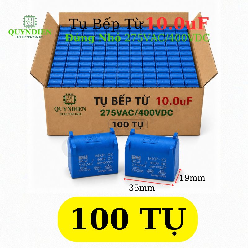 Tụ Bếp Từ 10uF 275VAC/400VDC Màu Xanh Loại Đứng Xát Nhỏ