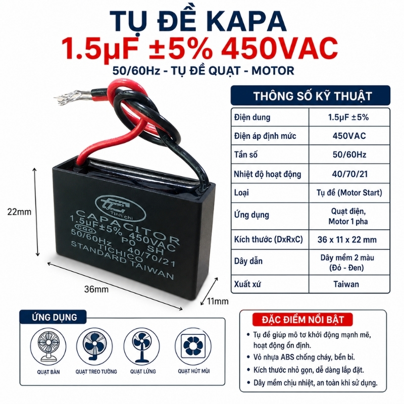 Tụ Đề Kapa Vuông Tinh Chi 1.5uF 450VAC