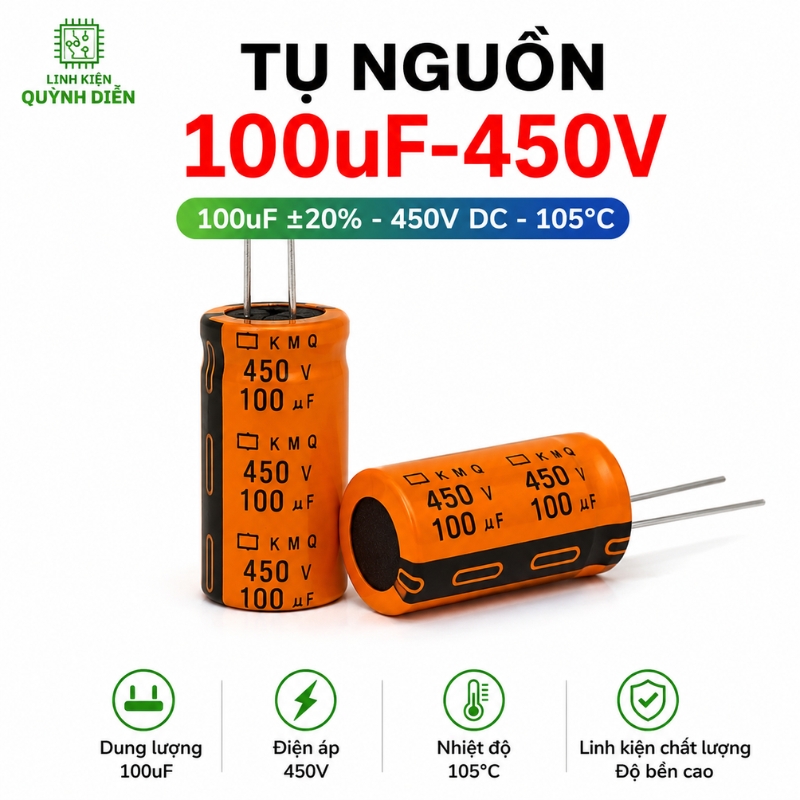 Tụ Hóa Lọc Nguồn 100uF 450V DC 105°C 18x40mm Chân Cắm Mới 100% - Linh Kiện Quỳnh Diễn
