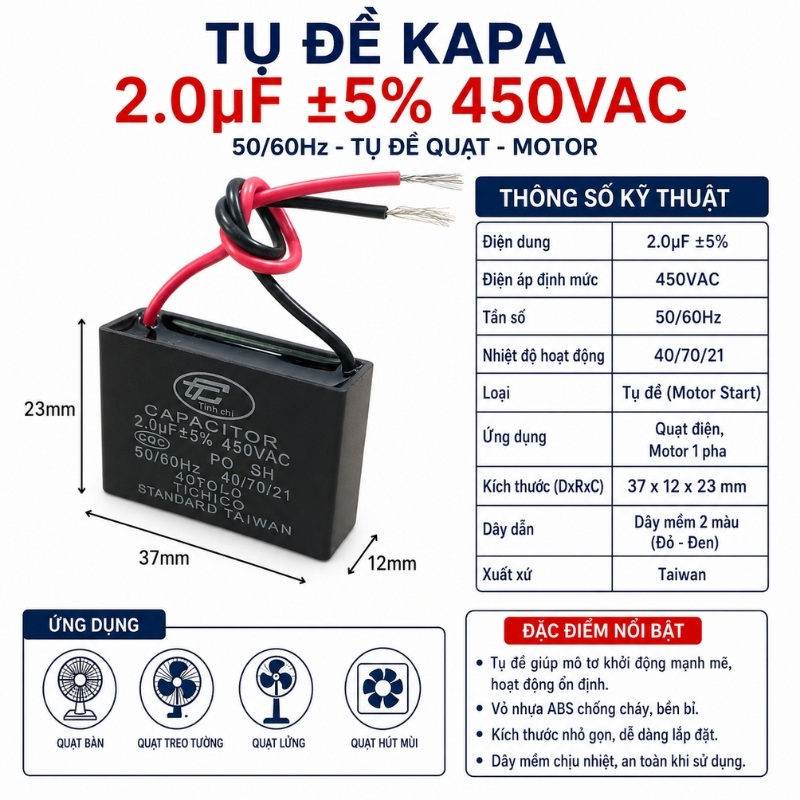 Tụ Đề Kapa Vuông Tinh Chi 2uF 450VAC