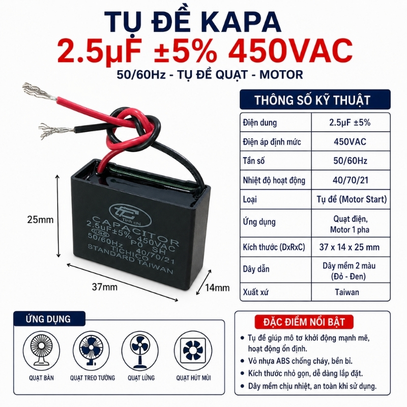 Tụ Đề Kapa Vuông Tinh Chi 2.5uF 450VAC