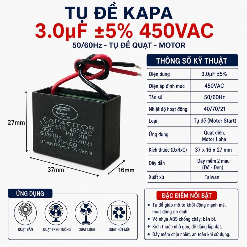 Tụ Đề Kapa Vuông Tinh Chi 3uF 450VAC