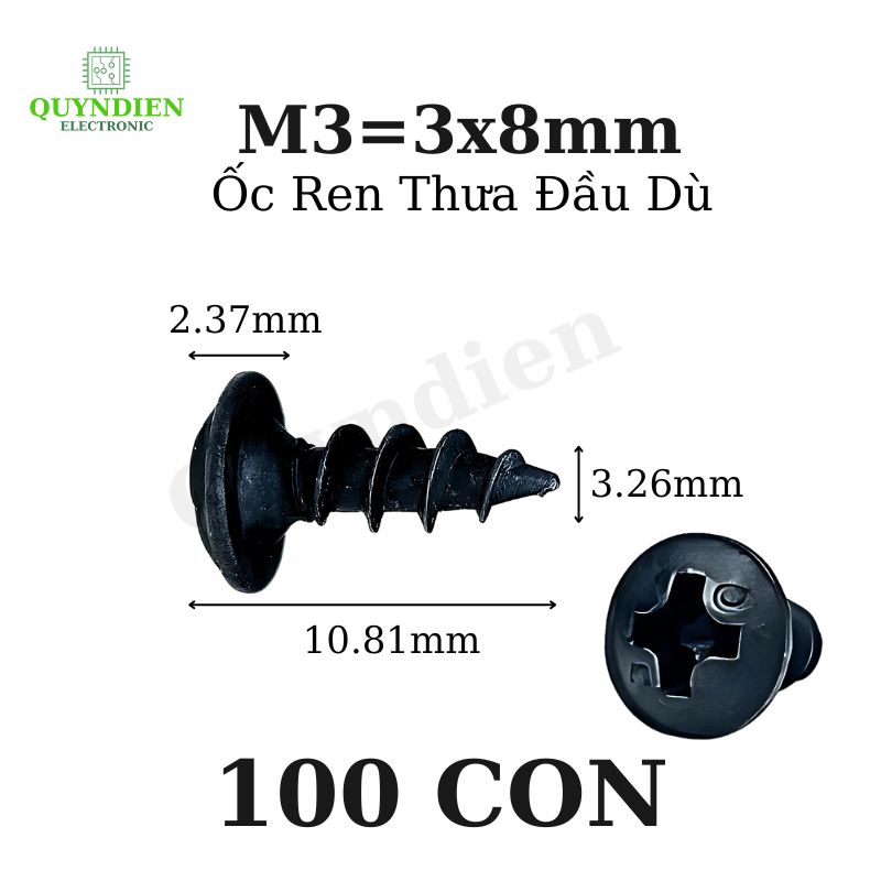 Ốc Vít nhọn M3x8mm Đầu Dù Ren Thưa - 100 Con