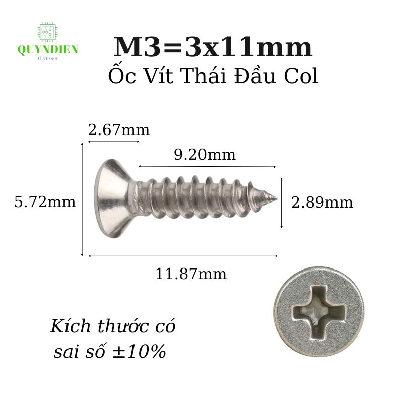 Ốc vít Thái M3x11mm ren xoắn đầu Col dài 11mm - 1.000 Con