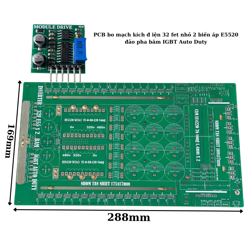 PCB bo mạch kích đ iện 32 fet nhỏ 2 biến áp E5520 đảo pha băm IGBT Auto Duty (Kèm dao động)