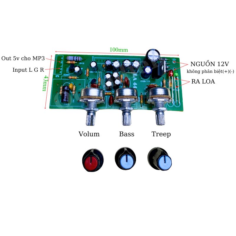 Mạch khuếch đại âm thanh LA4440 có chỉnh TREBLE BASS 19W, DC 12V-14V chưa có IC