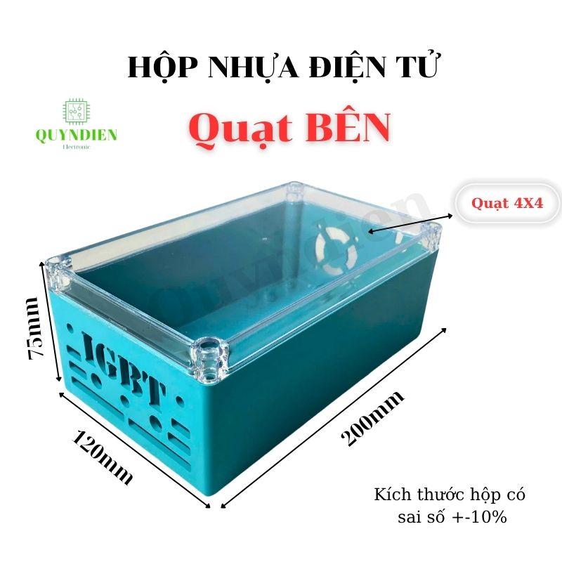 Hộp nhựa Khoan Sẵn IGBT 200x120x80mm Xanh nắp Trong quạt Bên