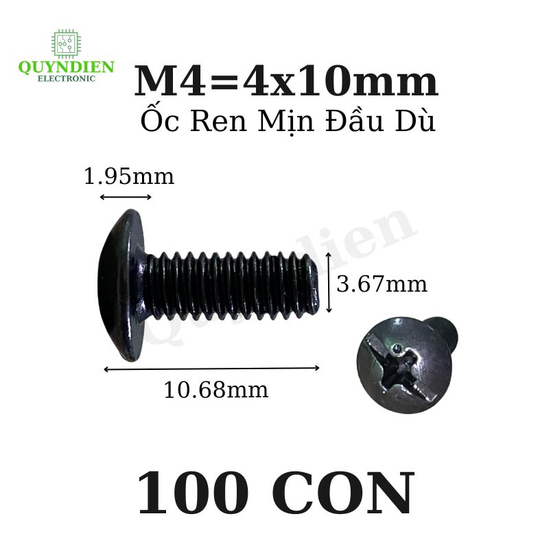 Ốc Vít Đầu Dù Ren Mịn M4=4x10mm Màu Đen - 100 Con
