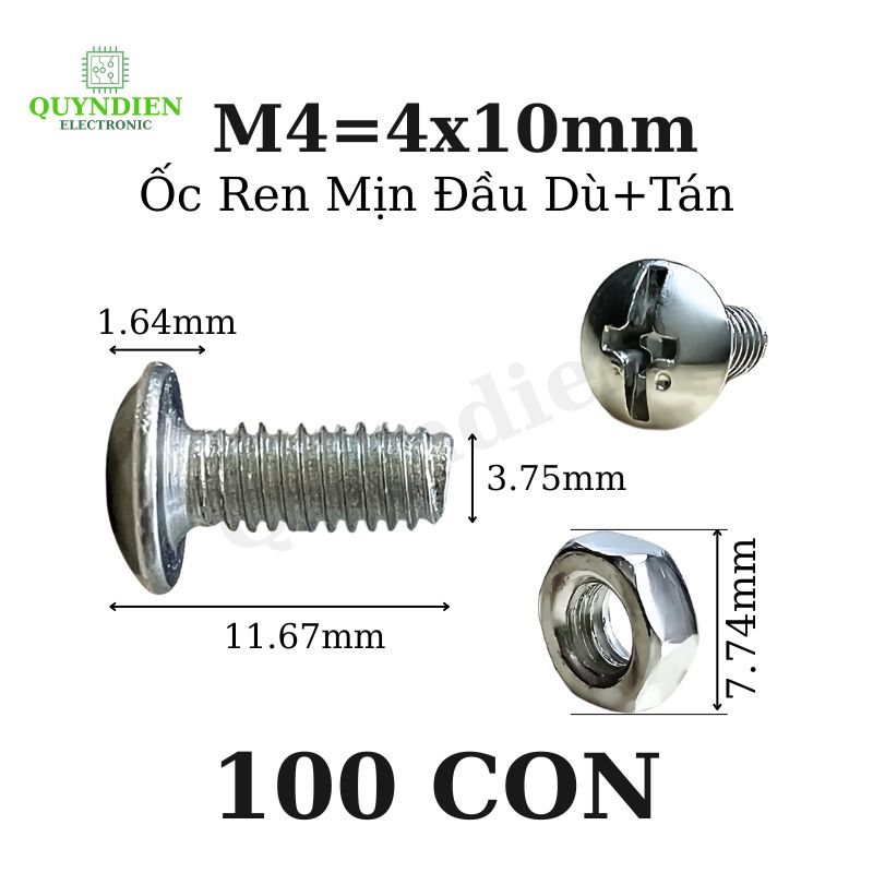 Ốc Vít M4=4x10mm Kèm Tán Ren Mịn Đầu Dù Màu Trắng