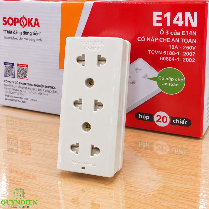 Ổ Cắm điện 3 Cửa Có Nắp Che An Toàn E14N
