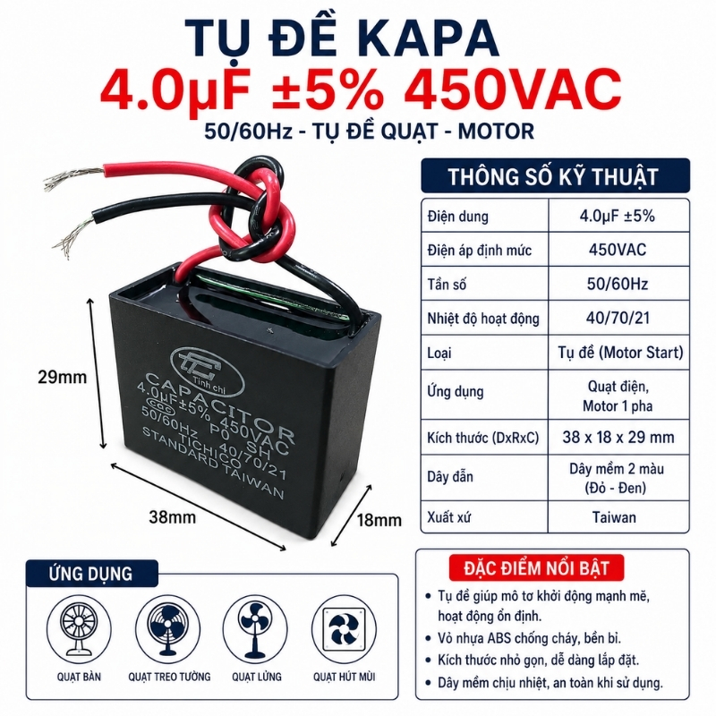 Tụ Đề Kapa Vuông Tinh Chi 4uF 450VAC