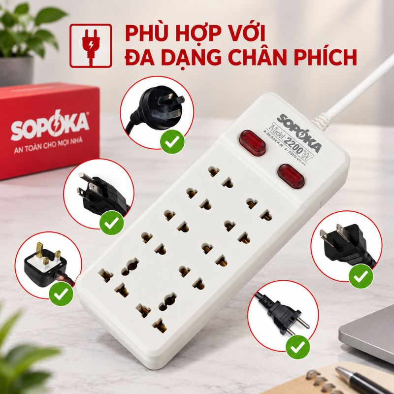 Ổ cắm 10 Cửa Chéo Con tắc 2200W