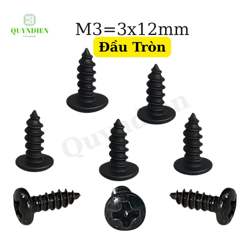 Ốc vít nhọn M3x12mm đầu Tròn dài 12mm - Túi 1.000 Con