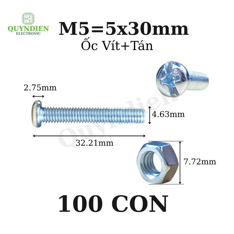 Ốc vít kèm tán M5x30mm túi 100 con
