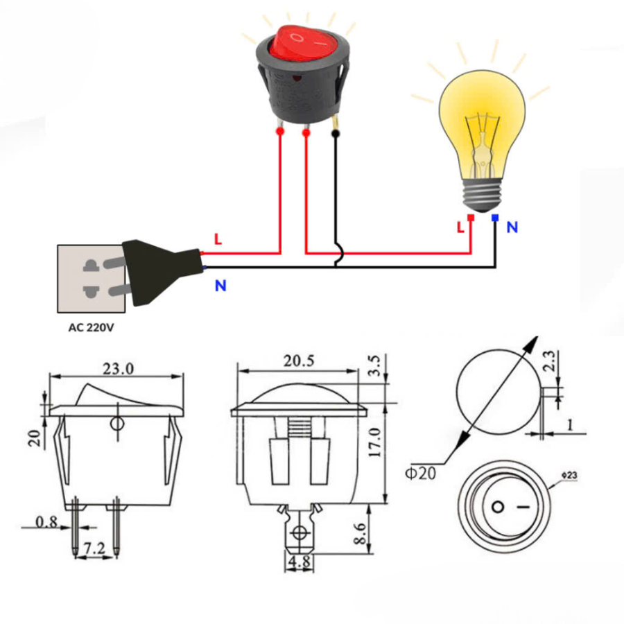 Công Tắc Tròn Có Đèn KCD1  6A-250V lỗ khoét 21mm - Linh kiện điện tử Quỳnh Diễn