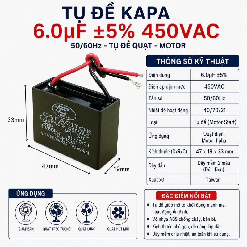 Tụ Đề Kapa Vuông Tinh Chi 6uF 450VAC