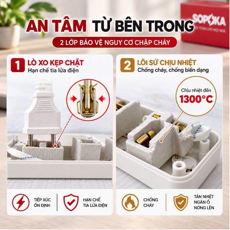 Ổ Cắm Lõi sứ chống cháy 5 Cửa Chéo con tắc 2200W  - VAT - Ổ cắm chéo 5 cửa 2200W 5A2-5