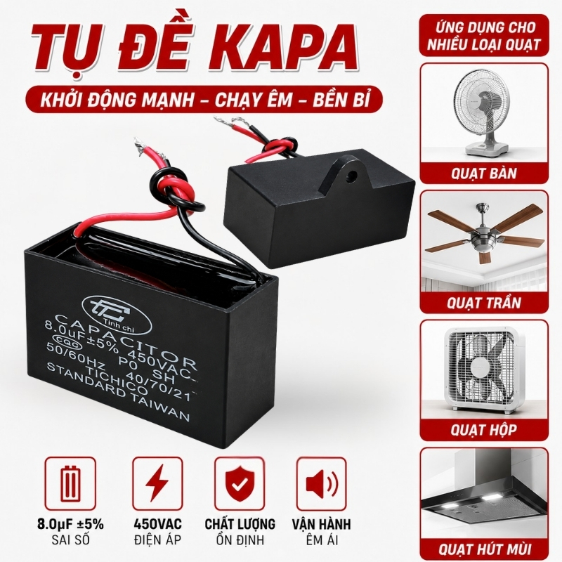 Tụ Đề Kapa Vuông Tinh Chi 8uF 450VAC