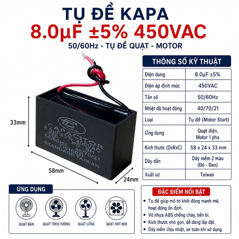 Tụ Đề Kapa Vuông Tinh Chi 8uF 450VAC