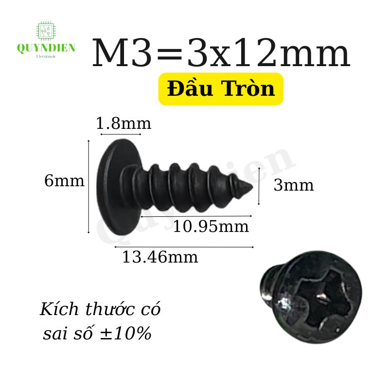 Ốc vít nhọn M3x12mm đầu Tròn dài 12mm - Túi 1.000 Con