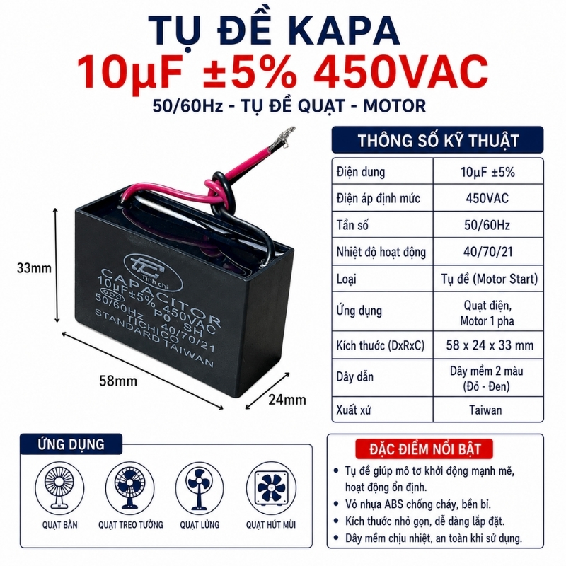 Tụ Đề Kapa Vuông Tinh Chi 10uF 450VAC