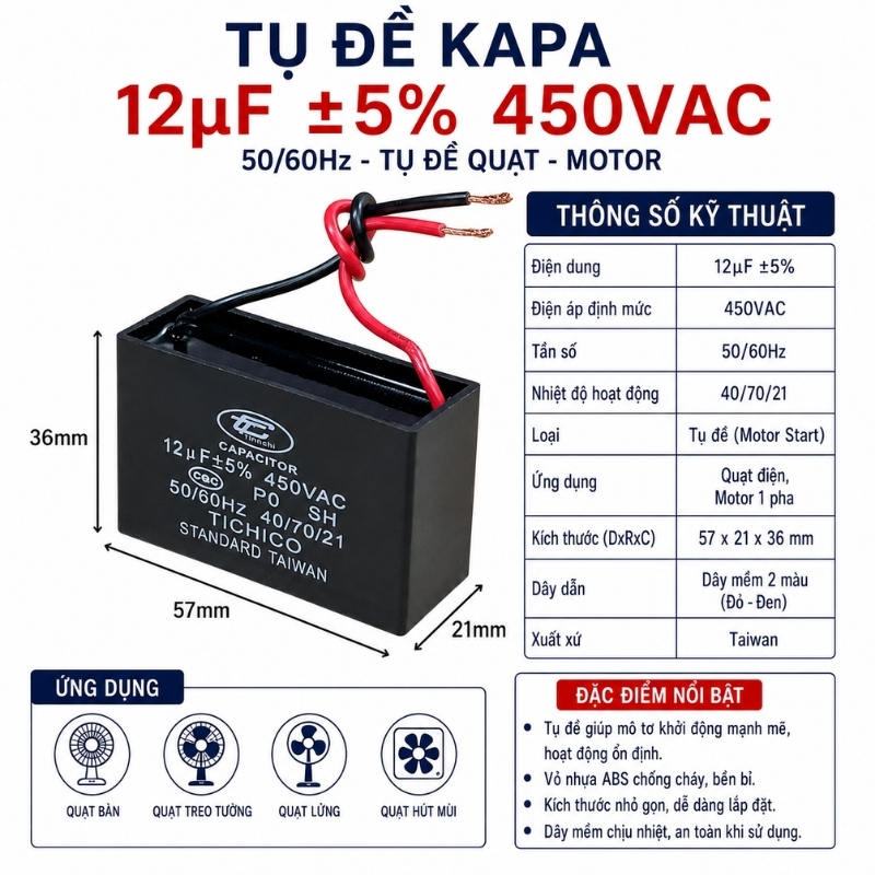 Tụ Đề Kapa Vuông Tinh Chi 12uF 450VAC