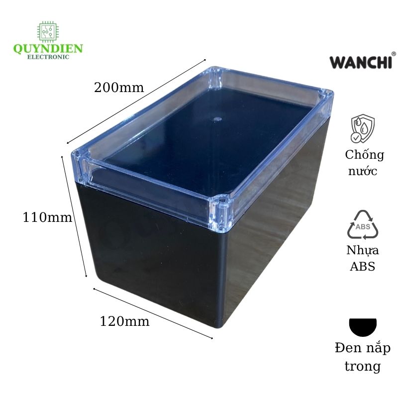 Hộp Nhựa ABS chống nước 200x120x110mm Wanchi, màu đen nắp trong