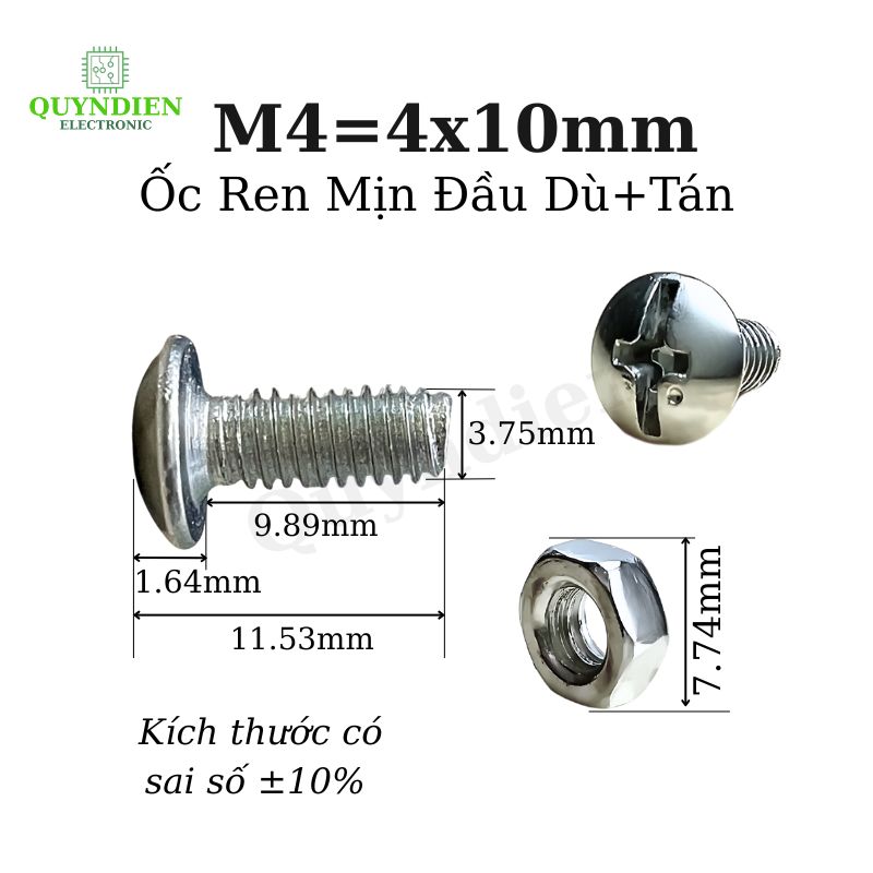 Ốc Vít M4=4x10mm Kèm Tán Ren Mịn Đầu Dù Màu Trắng